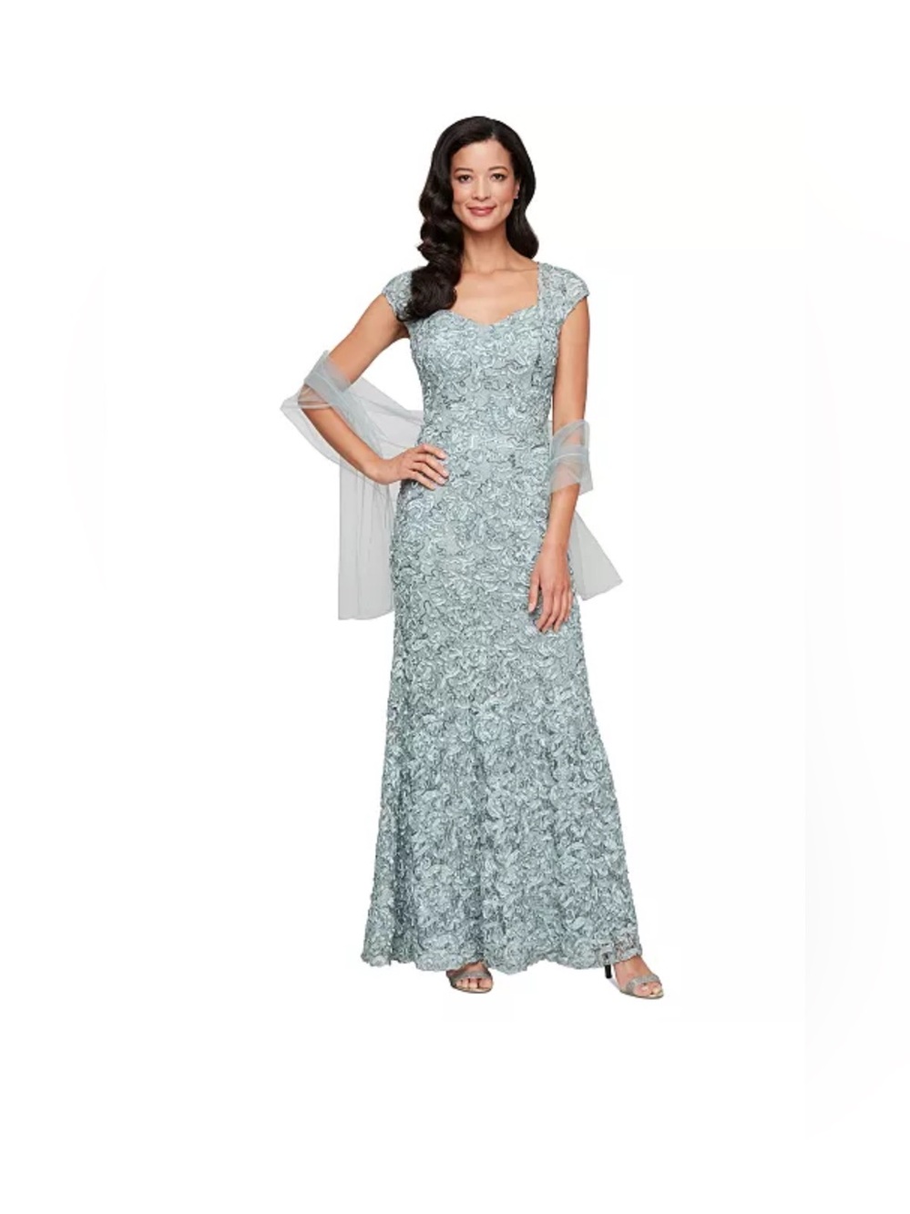 Alex Evenings Silver-Blue Lace Cap-Sleeve Maxi with Sheer Wrap